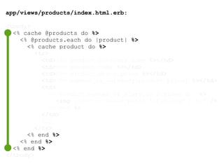 app/views/products/index.html.erb:
<tbody>
<% cache @products do %>
<% @products.each do |product| %>
<% cache product do %>
<tr>
<td><%= product.category.name %></td>
<td><%= product.name %></td>
<td><%= product.description %></td>
<td><%= number_to_currency(product.price) %></td>
<td>
<% product.number_of_stars.to_i.times do %>
<img src="<%= asset_path( 'star.svg' ) %>" />
<% end %>
</td>
[…]
</tr>
<% end %>
<% end %>
<% end %>
</tbody>
 