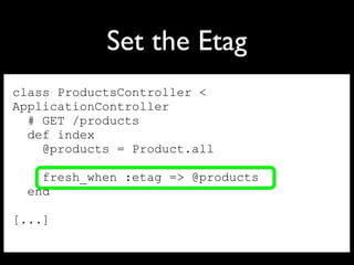 Set the Etag
class ProductsController <
ApplicationController
# GET /products
def index
@products = Product.all
fresh_when :etag => @products
end
[...] 
 