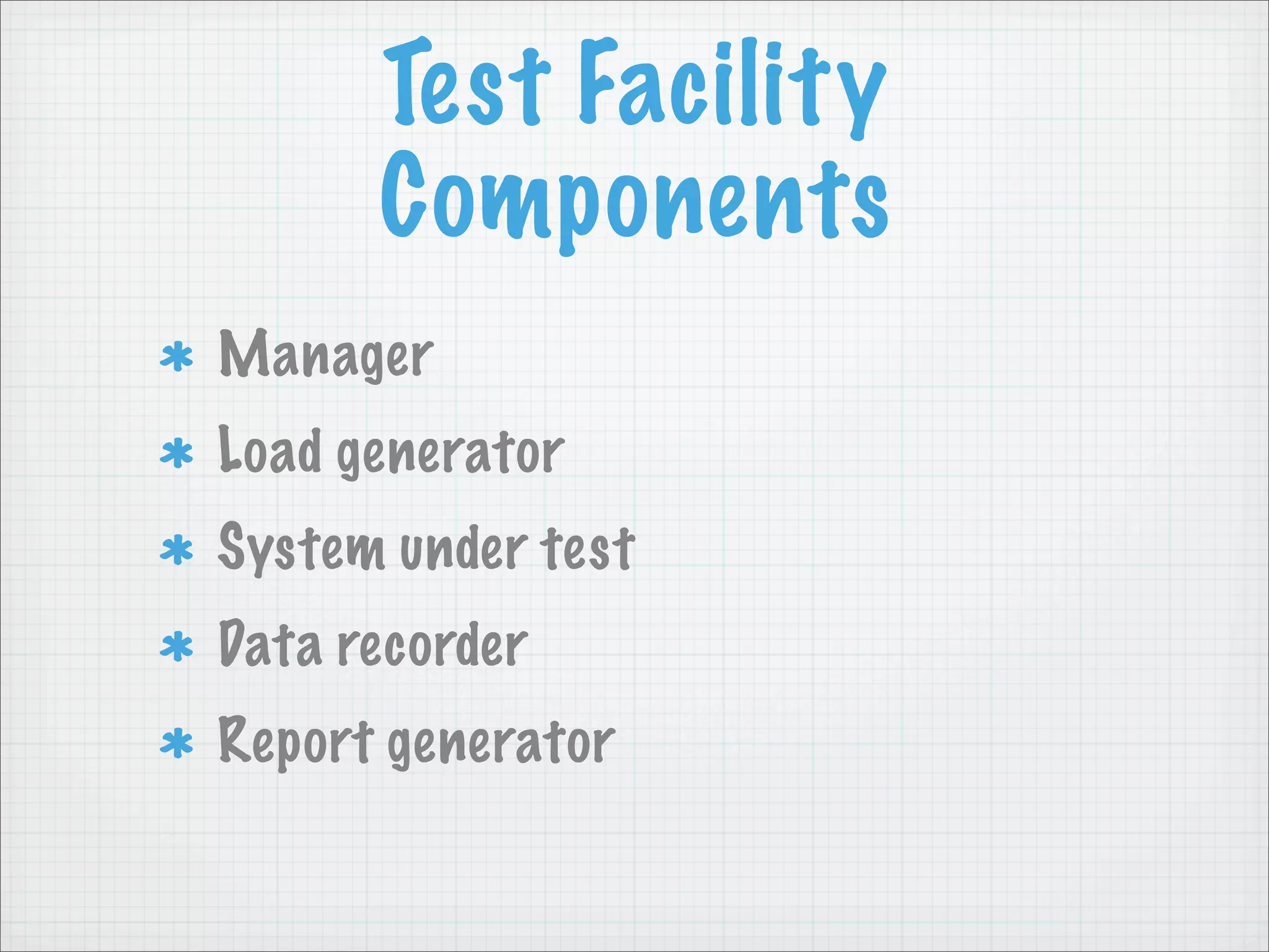 Test Facility
      Components
Manager
Load generator
System under test
Data recorder
Report generator
 