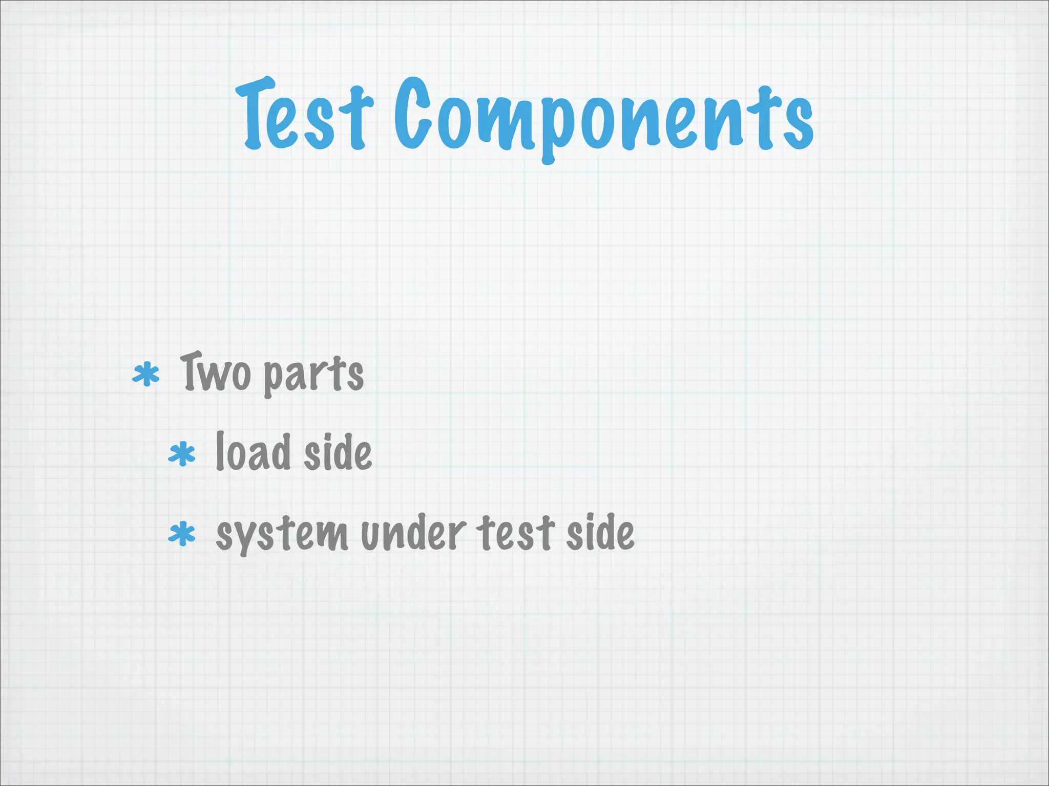 Test Components

Two parts
 load side
 system under test side
 