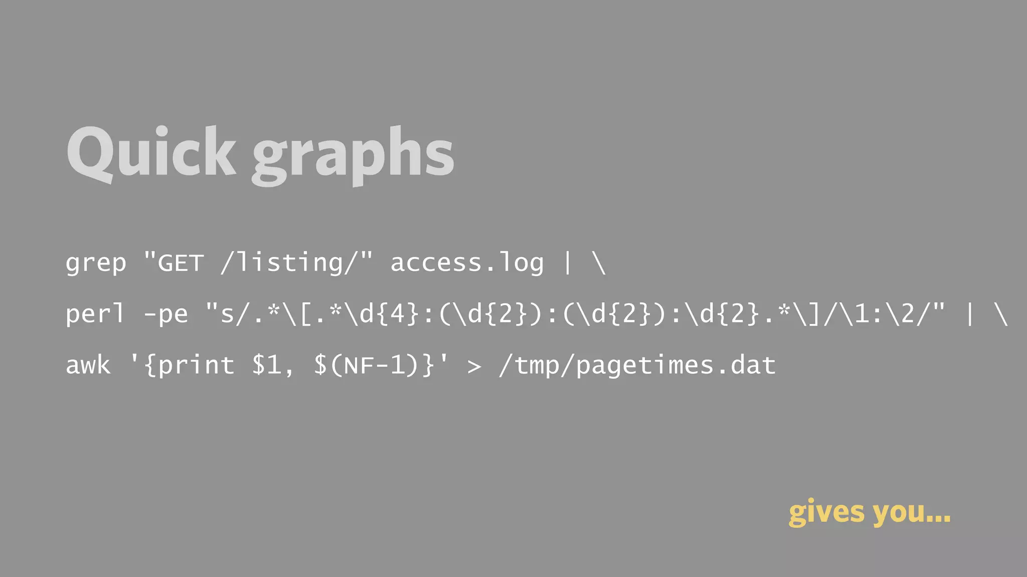 Quick graphs
grep "GET /listing/" access.log | 

perl -pe "s/.*[.*d{4}:(d{2}):(d{2}):d{2}.*]/1:2/" | 

awk '{print $1, $(NF-1)}' > /tmp/pagetimes.dat




                                                 gives you...
 