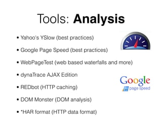 Tools: Analysis
• Yahoo's YSlow (best practices)

• Google Page Speed (best practices)

• WebPageTest (web based waterfall...