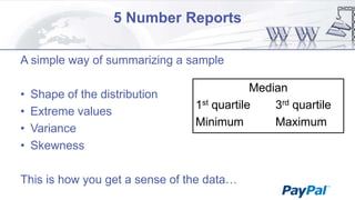 5 Number Reports
A simple way of summarizing a sample
•
•
•
•

Shape of the distribution
Extreme values
Variance
Skewness

Median
1st quartile
3rd quartile
Minimum
Maximum

This is how you get a sense of the data…

 