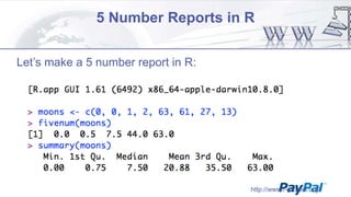 5 Number Reports in R
Let‟s make a 5 number report in R:

http://www.r-project.org/

 