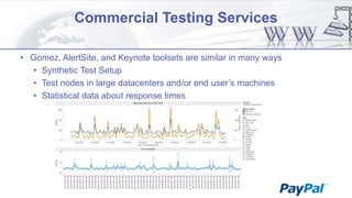 Commercial Testing Services
• Gomez, AlertSite, and Keynote toolsets are similar in many ways
• Synthetic Test Setup
• Test nodes in large datacenters and/or end user‟s machines
• Statistical data about response times

 