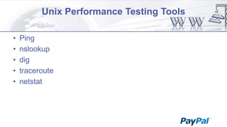 Unix Performance Testing Tools
•
•
•
•
•

Ping
nslookup
dig
traceroute
netstat

 
