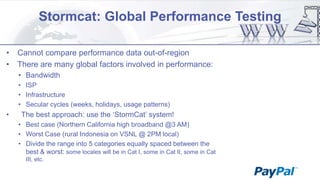 Stormcat: Global Performance Testing
•
•

Cannot compare performance data out-of-region
There are many global factors involved in performance:
• Bandwidth
• ISP
• Infrastructure
• Secular cycles (weeks, holidays, usage patterns)

•

The best approach: use the „StormCat‟ system!
• Best case (Northern California high broadband @3 AM)
• Worst Case (rural Indonesia on VSNL @ 2PM local)
• Divide the range into 5 categories equally spaced between the
best & worst: some locales will be in Cat I, some in Cat II, some in Cat
III, etc.

 