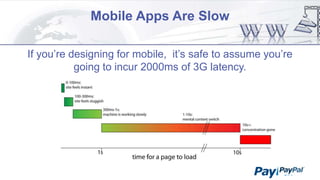 Mobile Apps Are Slow
If you‟re designing for mobile, it‟s safe to assume you‟re
going to incur 2000ms of 3G latency.

 