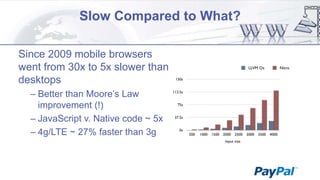 Slow Compared to What?
Since 2009 mobile browsers
went from 30x to 5x slower than
desktops
– Better than Moore‟s Law
improvement (!)
– JavaScript v. Native code ~ 5x
– 4g/LTE ~ 27% faster than 3g

 