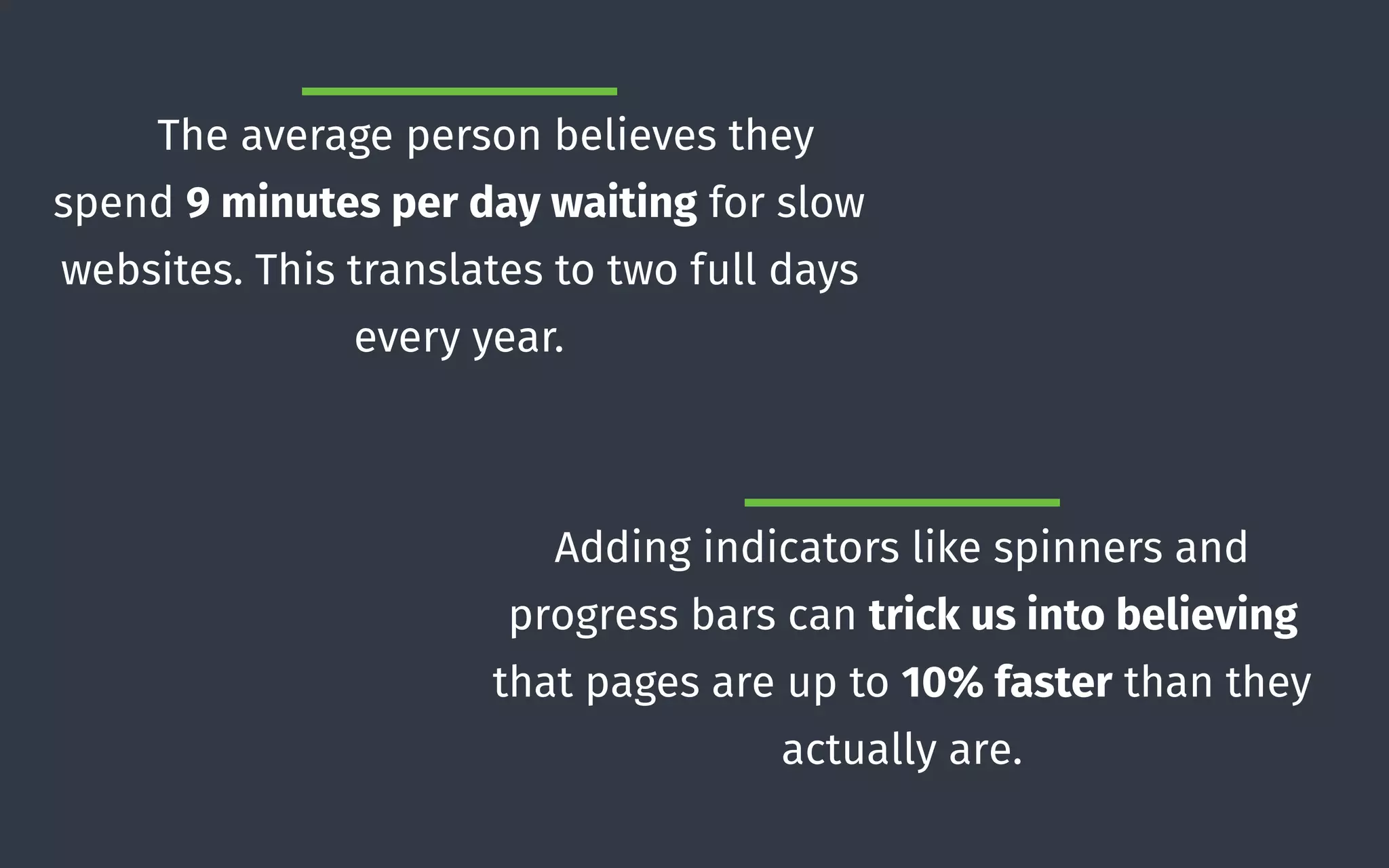 The average person believes they
spend 9 minutes per day waiting for slow
websites. This translates to two full days
every year.
Adding indicators like spinners and
progress bars can trick us into believing
that pages are up to 10% faster than they
actually are.
 