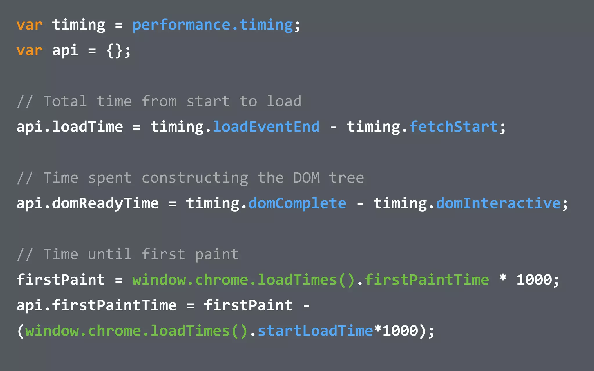 var	timing	=	performance.timing;	
var	api	=	{};	
//	Total	time	from	start	to	load	
api.loadTime	=	timing.loadEventEnd	-	timing.fetchStart;	
//	Time	spent	constructing	the	DOM	tree	
api.domReadyTime	=	timing.domComplete	-	timing.domInteractive;	
//	Time	until	first	paint	
firstPaint	=	window.chrome.loadTimes().firstPaintTime	*	1000;	
api.firstPaintTime	=	firstPaint	-	
(window.chrome.loadTimes().startLoadTime*1000);
 