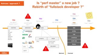 HOSTING SERVICES CODE
XHTML
CRON3-PARTS
CSS
JavaScript
AJAX calls
DNS
Medias
OS
I/O perf
CPU
RAM
Network
Sizing
Backup
...
Back-end Front-end
YOU
YOU
YOU
YOU
YOU
YOU
YOU
YOU
No 404 or 500 ?
Not so bad ?
Responsive ?
SEO ?
Elegant ?
Fast ? Slow ?
No alerts ?
Doesn’t burn ?
something to
care ?
Advices / approach ?
NFS
SMTP
APIs Drupal tasks
Sys. tasks
DELIVERY
Is “perf master” a new job ?
Rebirth of “fullstack developer ?”
 