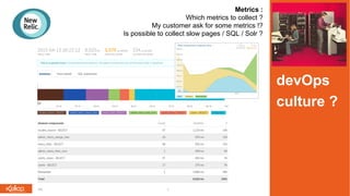 Metrics :
Which metrics to collect ?
My customer ask for some metrics !?
Is possible to collect slow pages / SQL / Solr ?
devOps
culture ?
 