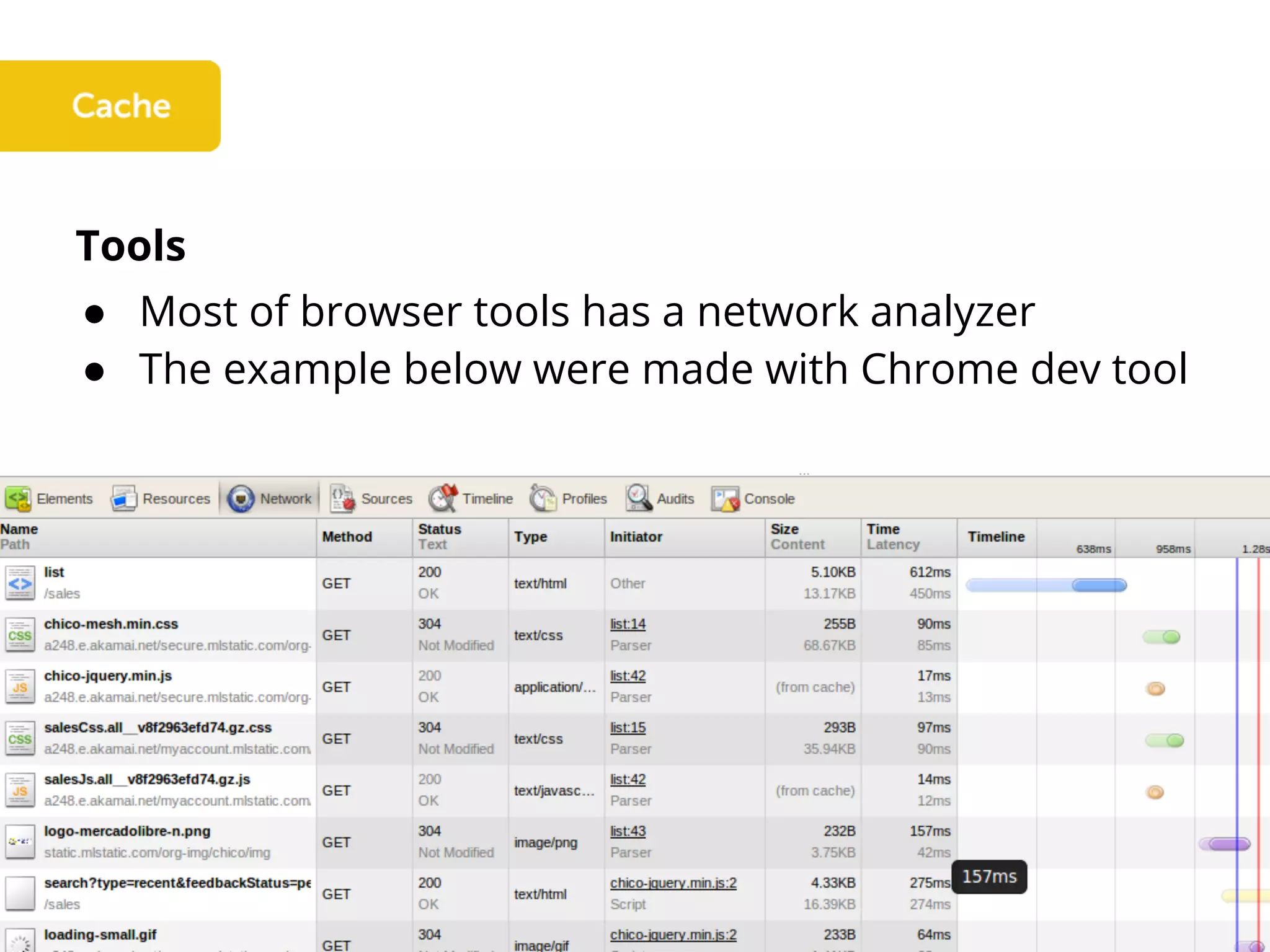 Tools
● Most of browser tools has a network analyzer
● The example below were made with Chrome dev tool
 