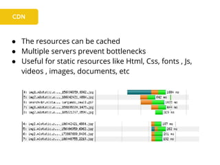 ● The resources can be cached
● Multiple servers prevent bottlenecks
● Useful for static resources like Html, Css, fonts , Js,
videos , images, documents, etc
 