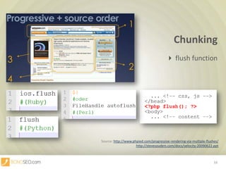 Chunking,[object Object], flushfunction,[object Object],Source: http://www.phpied.com/progressive-rendering-via-multiple-flushes/,[object Object],http://stevesouders.com/docs/velocity-20090622.ppt,[object Object],16,[object Object]