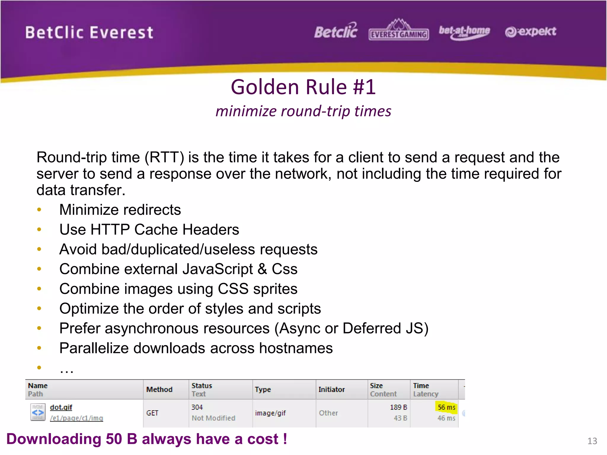 Round-trip time (RTT) is the time it takes for a client to send a request and the
server to send a response over the network, not including the time required for
data transfer.
• Minimize redirects
• Use HTTP Cache Headers
• Avoid bad/duplicated/useless requests
• Combine external JavaScript & Css
• Combine images using CSS sprites
• Optimize the order of styles and scripts
• Prefer asynchronous resources (Async or Deferred JS)
• Parallelize downloads across hostnames
• …
13
Golden Rule #1
minimize round-trip times
Downloading 50 B always have a cost !
 