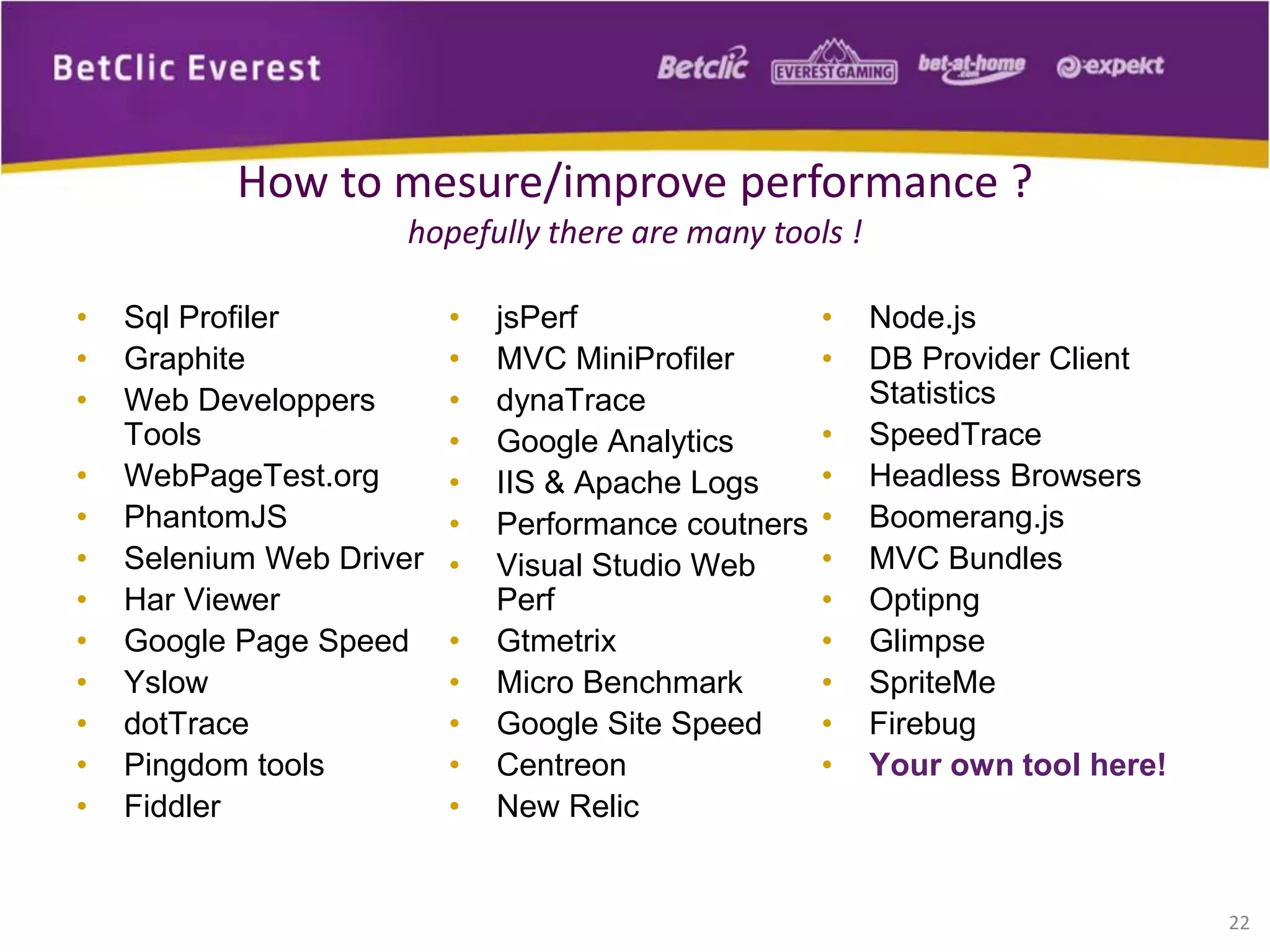 22
How to mesure/improve performance ?
hopefully there are many tools !
• Sql Profiler
• Graphite
• Web Developpers
Tools
• WebPageTest.org
• PhantomJS
• Selenium Web Driver
• Har Viewer
• Google Page Speed
• Yslow
• dotTrace
• Pingdom tools
• Fiddler
• jsPerf
• MVC MiniProfiler
• dynaTrace
• Google Analytics
• IIS & Apache Logs
• Performance coutners
• Visual Studio Web
Perf
• Gtmetrix
• Micro Benchmark
• Google Site Speed
• Centreon
• New Relic
• Node.js
• DB Provider Client
Statistics
• SpeedTrace
• Headless Browsers
• Boomerang.js
• MVC Bundles
• Optipng
• Glimpse
• SpriteMe
• Firebug
• Your own tool here!
 