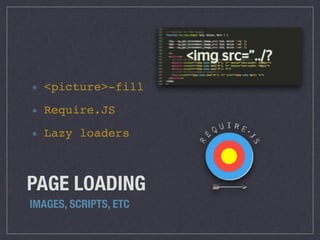 PAGE LOADING
IMAGES, SCRIPTS, ETC
<picture>-fill
Require.JS
Lazy loaders