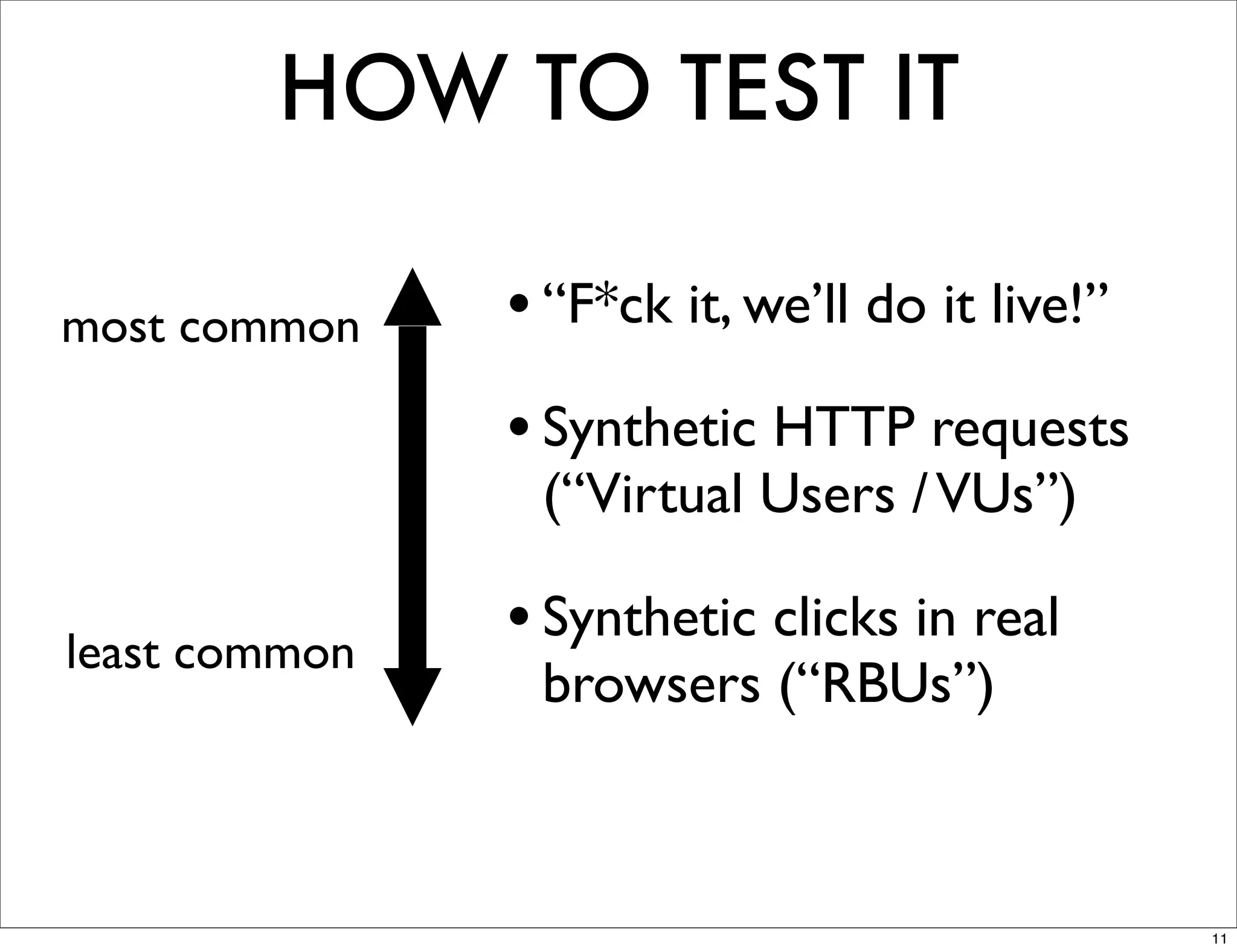 HOW TO TEST IT

most common    • “F*ck it, we’ll do it live!”
               • Synthetic HTTP requests
                (“Virtual Users / VUs”)

least common
               • Synthetic clicks in real
                browsers (“RBUs”)



                                                11
 