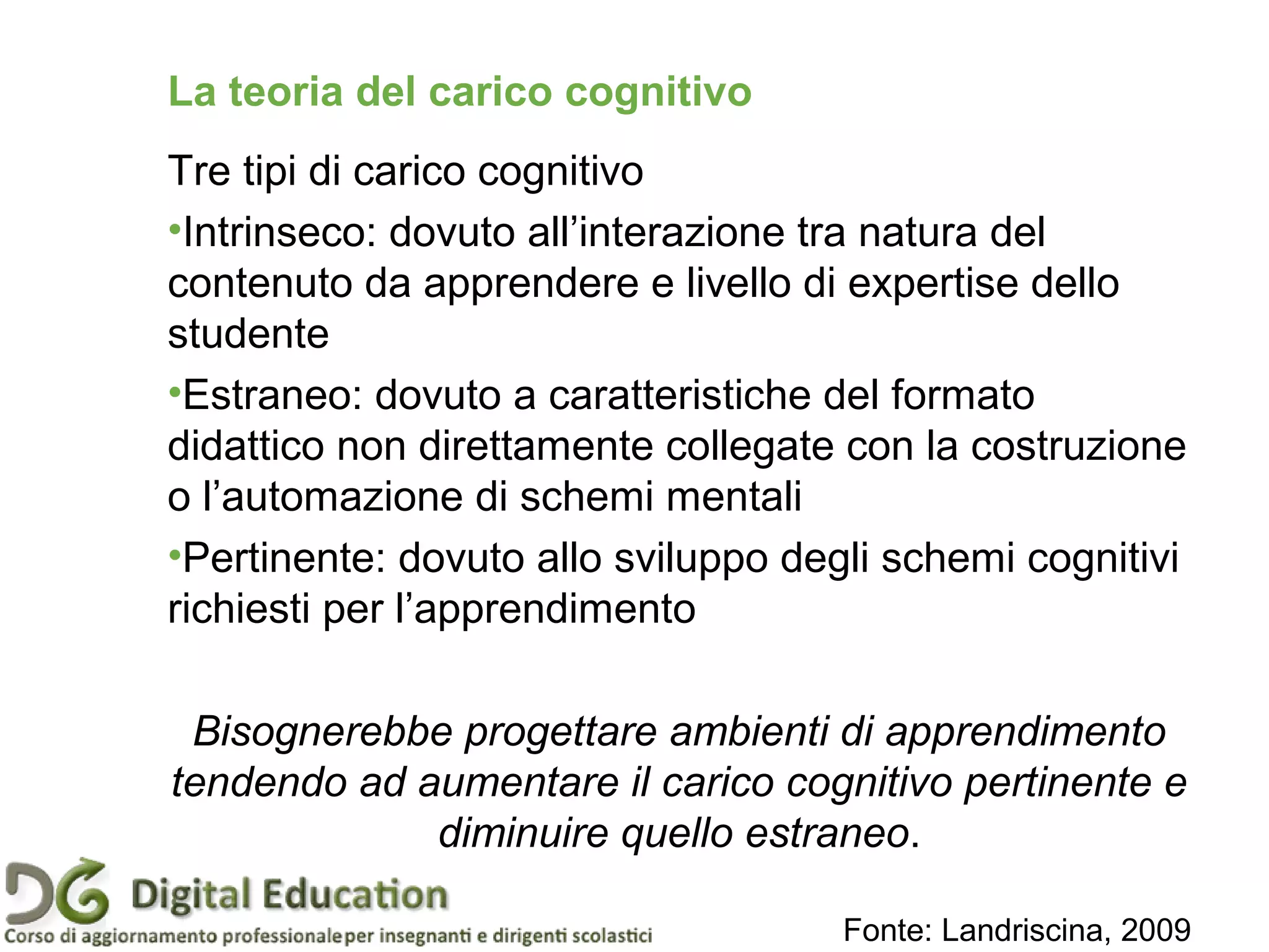 La teoria del carico cognitivo
Tre tipi di carico cognitivo
•Intrinseco: dovuto all’interazione tra natura del
contenuto da apprendere e livello di expertise dello
studente
•Estraneo: dovuto a caratteristiche del formato
didattico non direttamente collegate con la costruzione
o l’automazione di schemi mentali
•Pertinente: dovuto allo sviluppo degli schemi cognitivi
richiesti per l’apprendimento
Bisognerebbe progettare ambienti di apprendimento
tendendo ad aumentare il carico cognitivo pertinente e
diminuire quello estraneo.
Fonte: Landriscina, 2009
 
