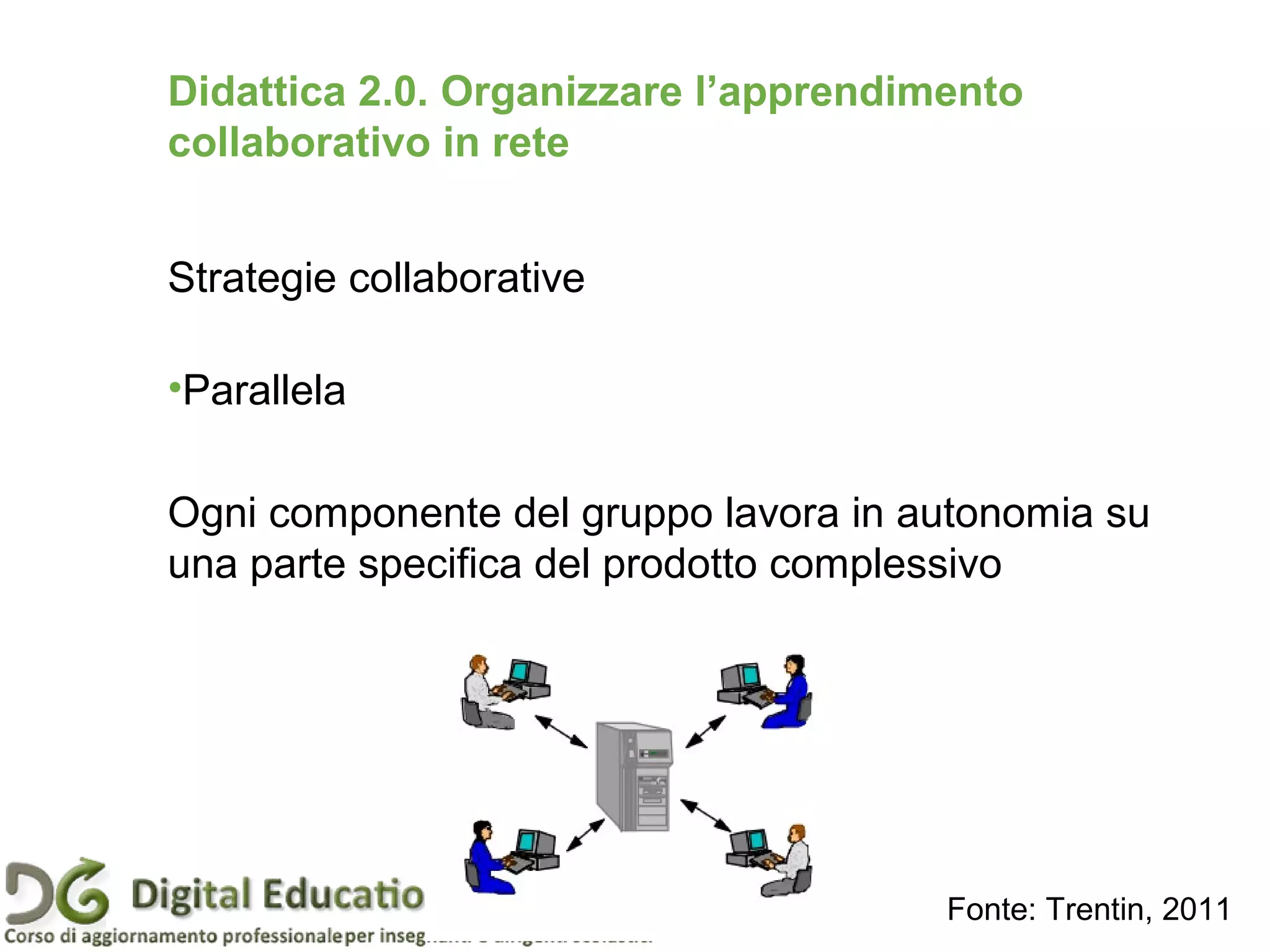 Strategie collaborative
•Parallela
Ogni componente del gruppo lavora in autonomia su
una parte specifica del prodotto complessivo
Didattica 2.0. Organizzare l’apprendimento
collaborativo in rete
Fonte: Trentin, 2011
 