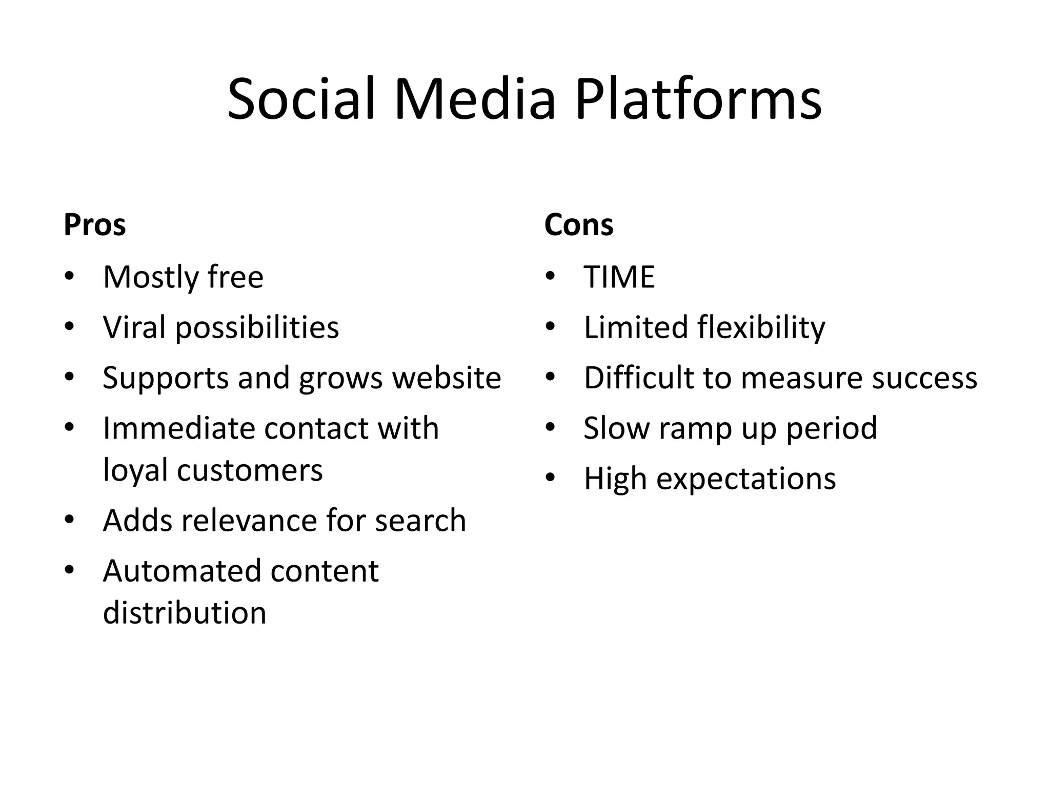 Social Media PlatformsProsMostly freeViral possibilitiesSupports and grows websiteImmediate contact with loyal customersAdds relevance for searchAutomated content distributionCons	TIMELimited flexibilityDifficult to measure successSlow ramp up periodHigh expectations