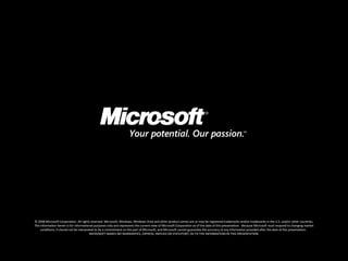 © 2008 Microsoft Corporation. All rights reserved. Microsoft, Windows, Windows Vista and other product names are or may be registered trademarks and/or trademarks in the U.S. and/or other countries. The information herein is for informational purposes only and represents the current view of Microsoft Corporation as of the date of this presentation.  Because Microsoft must respond to changing market conditions, it should not be interpreted to be a commitment on the part of Microsoft, and Microsoft cannot guarantee the accuracy of any information provided after the date of this presentation.  MICROSOFT MAKES NO WARRANTIES, EXPRESS, IMPLIED OR STATUTORY, AS TO THE INFORMATION IN THIS PRESENTATION. 