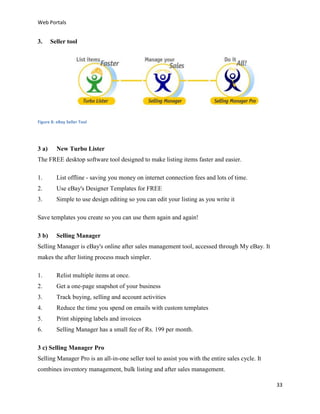 Web Portals

3.

Seller tool

Figure 8: eBay Seller Tool

3 a)

New Turbo Lister

The FREE desktop software tool designed to make listing items faster and easier.
1.

List offline - saving you money on internet connection fees and lots of time.

2.

Use eBay's Designer Templates for FREE

3.

Simple to use design editing so you can edit your listing as you write it

Save templates you create so you can use them again and again!
3 b)

Selling Manager

Selling Manager is eBay's online after sales management tool, accessed through My eBay. It
makes the after listing process much simpler.
1.

Relist multiple items at once.

2.

Get a one-page snapshot of your business

3.

Track buying, selling and account activities

4.

Reduce the time you spend on emails with custom templates

5.

Print shipping labels and invoices

6.

Selling Manager has a small fee of Rs. 199 per month.

3 c) Selling Manager Pro
Selling Manager Pro is an all-in-one seller tool to assist you with the entire sales cycle. It
combines inventory management, bulk listing and after sales management.
33

 