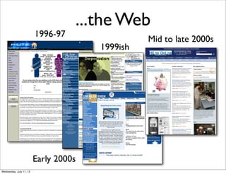 ...the Web
                         1996-97
                                                 Mid to late 2000s
                                       1999ish




                         Early 2000s
Wednesday, July 11, 12
 