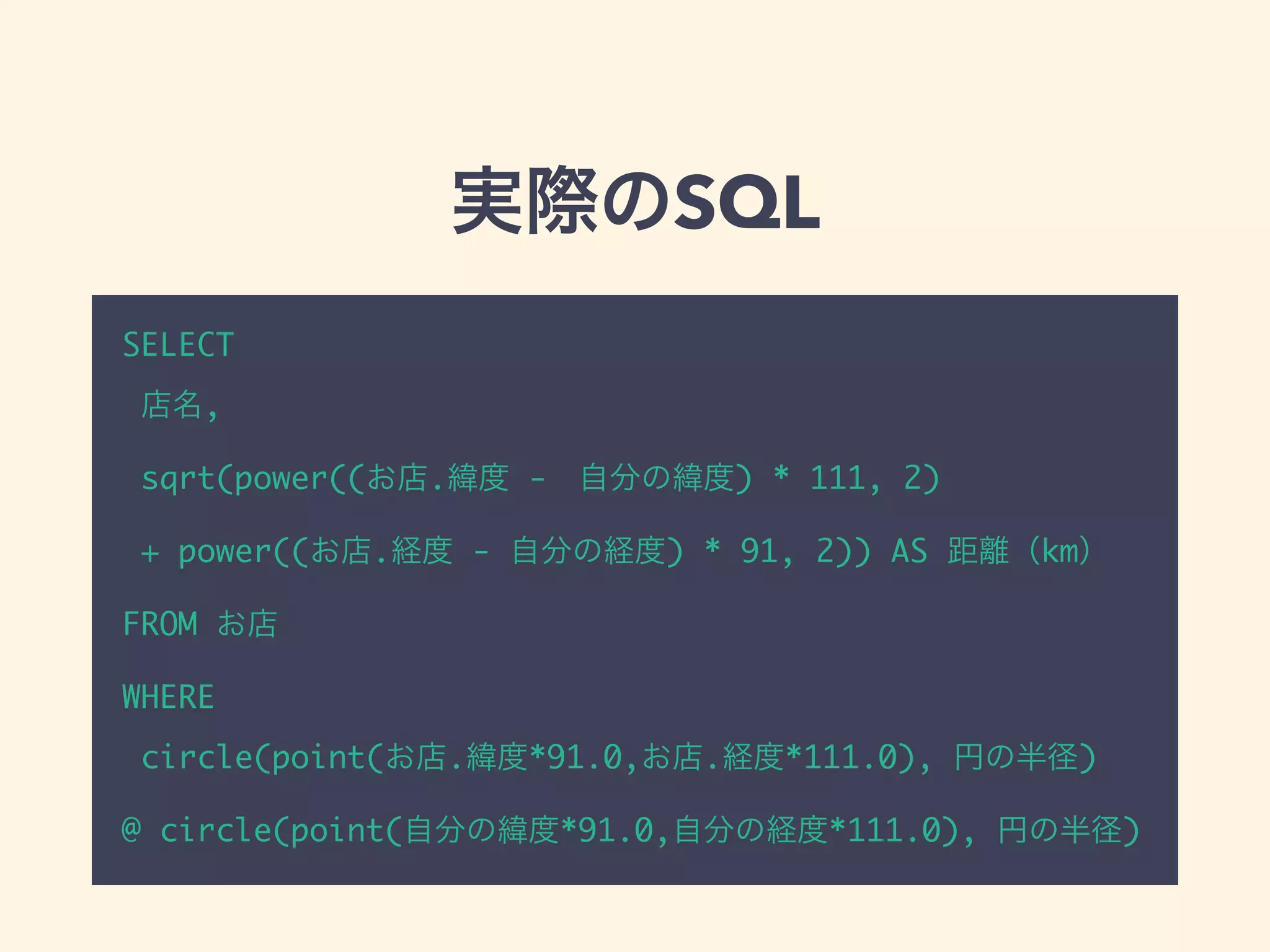 実際のSQL
SELECT
店名,
sqrt(power((お店.緯度 - 自分の緯度) * 111, 2)
+ power((お店.経度 - 自分の経度) * 91, 2)) AS 距離（km）
FROM お店
WHERE
circle(point(お店.緯度*91.0,お店.経度*111.0), 円の半径)
@ circle(point(自分の緯度*91.0,自分の経度*111.0), 円の半径)
 