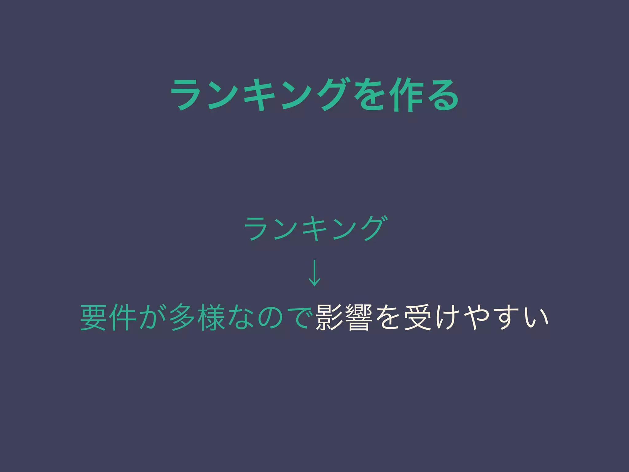 ランキングを作る
ランキング
↓
要件が多様なので影響を受けやすい
 