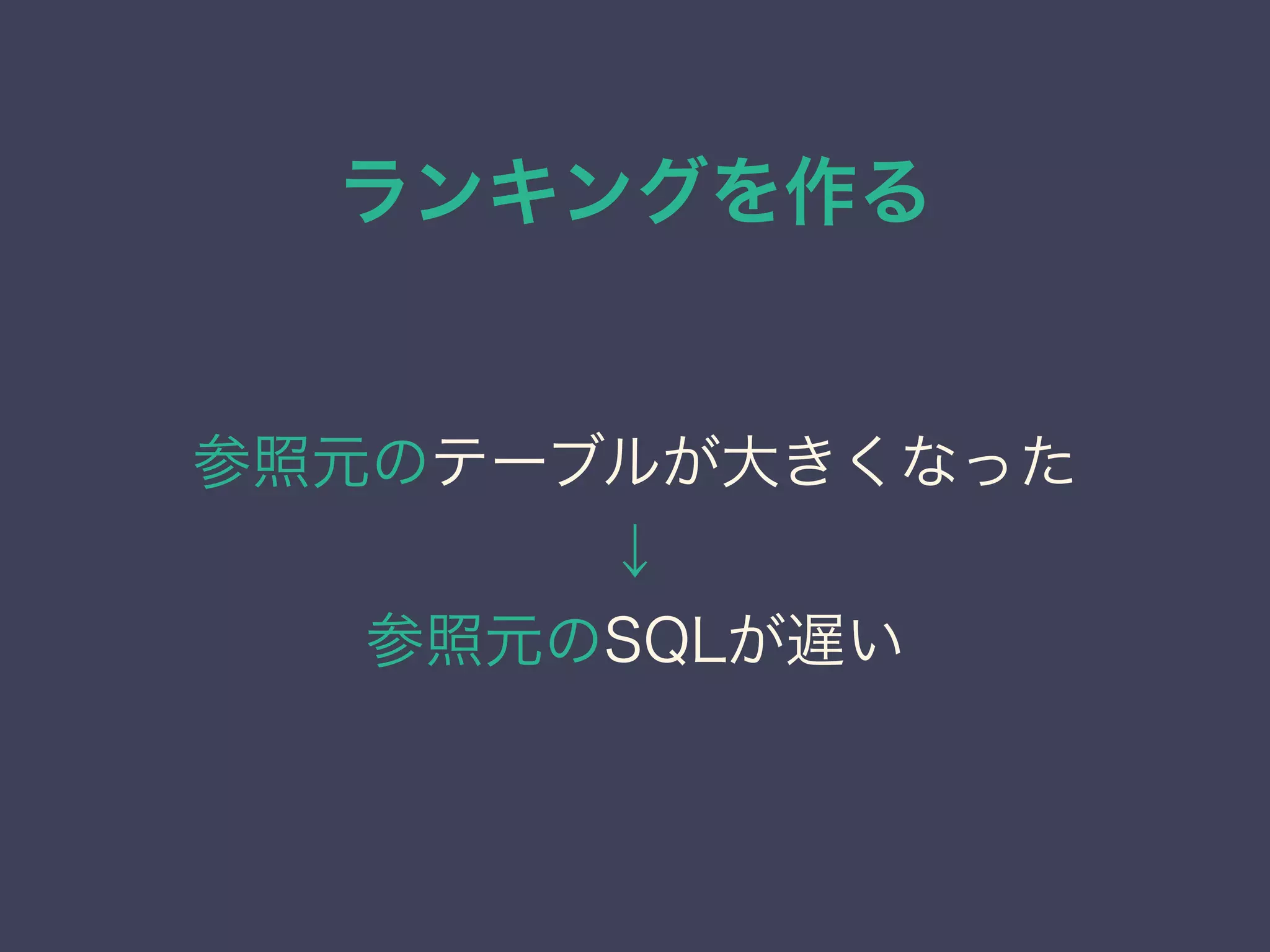 ランキングを作る
参照元のテーブルが大きくなった
↓
参照元のSQLが遅い
 