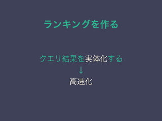 ランキングを作る
クエリ結果を実体化する
&darr;
高速化
 
