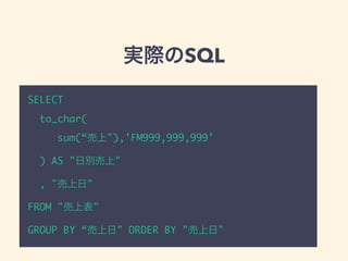 実際のSQL
SELECT
to_char(
sum(“売上"),'FM999,999,999'
) AS "日別売上"
, "売上日"
FROM "売上表"
GROUP BY “売上日" ORDER BY "売上日"
 