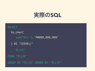 実際のSQL
SELECT
to_char(
sum(“売上"),'FM999,999,999'
) AS "日別売上"
, "売上日"
FROM "売上表"
GROUP BY “売上日" ORDER BY "売上日"
 