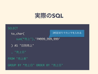 実際のSQL
SELECT
to_char(
sum(“売上"),'FM999,999,999'
) AS "日別売上"
, "売上日"
FROM "売上表"
GROUP BY “売上日" ORDER BY "売上日"
3桁区切りでカンマを入れる
 