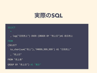 実際のSQL
SELECT
*
, lag("日別売上") OVER (ORDER BY "売上日")AS 前日売上
FROM
(SELECT
to_char(sum("売上"),'FM999,999,999') AS "日別売上"
, "売上日"
FROM "売上表"
GROUP BY "売上日") AS "集計"
 