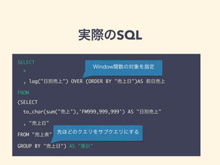 実際のSQL
SELECT
*
, lag("日別売上") OVER (ORDER BY "売上日")AS 前日売上
FROM
(SELECT
to_char(sum("売上"),'FM999,999,999') AS "日別売上"
, "売上日"
FROM "売上表"
GROUP BY "売上日") AS "集計"
Window関数の対象を指定
先ほどのクエリをサブクエリにする
 