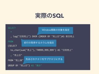 実際のSQL
SELECT
*
, lag("日別売上") OVER (ORDER BY "売上日")AS 前日売上
FROM
(SELECT
to_char(sum("売上"),'FM999,999,999') AS "日別売上"
, "売上日"
FROM "売上表"
GROUP BY "売上日") AS "集計"
Window関数の対象を指定
先ほどのクエリをサブクエリにする
前行の取得するカラムを指定
 