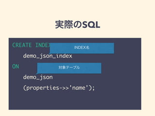 実際のSQL
CREATE INDEX
  demo_json_index
ON
  demo_json
  (properties->>'name');
INDEX名
対象テーブル
 