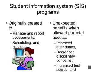 Student information system (SIS) programs Originally created to… Manage and report assessments, Scheduling, and Grading Unexpected benefits when allowed parental access: Improved attendance, Decreased disciplinary concerns, Increased test scores, and  Fulfilled No Child Left Behind requirements 