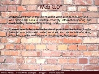 Web 2.0 is a trend in the use of World Wide Web technology and web design that aims to facilitate creativity, information sharing, and, most notably, collaboration among users.  These concepts have led to the development and evolution of web-based communities and hosted services, such as  social-networking sites ,  blogs ,  wikis  and  folksonomies  (tagging & sharing). “ Web 2.0” 