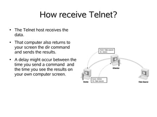 How receive Telnet?
●   The Telnet host receives the
    data.
●   That computer also returns to
    your screen the dir command
    and sends the results.
●   A delay might occur between the
    time you send a command and
    the time you see the results on
    your own computer screen.
 