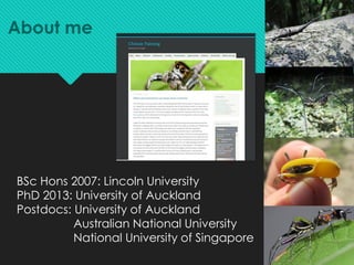 BSc Hons 2007: Lincoln University
PhD 2013: University of Auckland
Postdocs: University of Auckland
Australian National Un...
