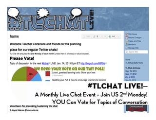 #Tlchat Live!–
A Monthly Live Chat Event – Join US 2nd Monday!
       YOU Can Vote for Topics of Conversation
 