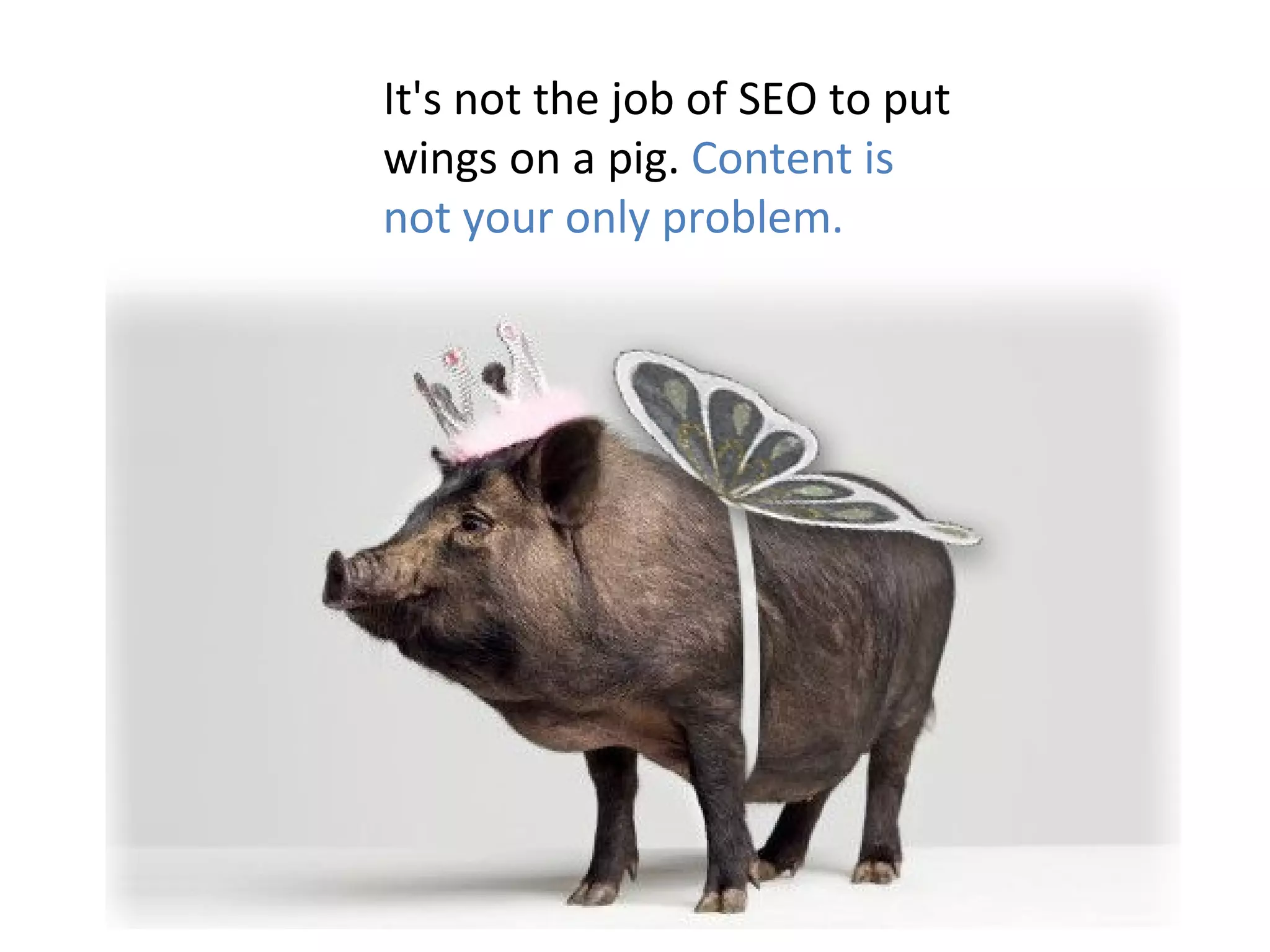 It's not the job of SEO to put wings on a pig.  Content is not your only problem.  