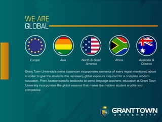 WE ARE
GLOBAL

Europe

Asia

North & South
America

Africa

Australia &
Oceania

Grant Town University’s online classroom incorporates elements of every region mentioned above
in order to give the students the necessary global exposure required for a complete modern
education. From location-specific textbooks to same language teachers, education at Grant Town
University incorporates the global essence that makes the modern student erudite and
competitive

GRANT TOWN
u n i v e r s i t y

 