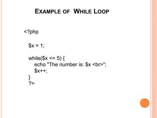 EXAMPLE OF WHILE LOOP
<?php
$x = 1;
while($x <= 5) {
echo "The number is: $x <br>";
$x++;
}
?>
 
