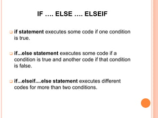 IF …. ELSE …. ELSEIF
 if statement executes some code if one condition
is true.
 if...else statement executes some code if a
condition is true and another code if that condition
is false.
 if...elseif....else statement executes different
codes for more than two conditions.
 